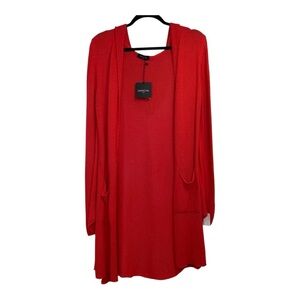 NWT Natacha Paris Open Front Long Sleeve Bold Red Orange Knit Hooded Cardigan